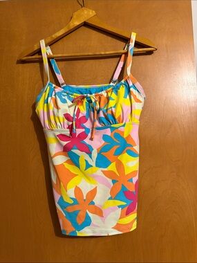 Lands' End Multicolor Leaf-Print Tankini Top - White, Pink, Orange, Yellow, Blue